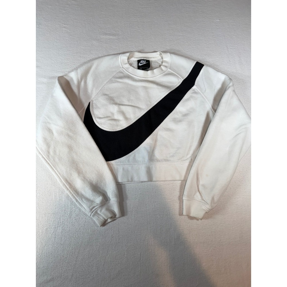 Nike Womens Cropped Sweatshirt White Black Big Swoosh Pullover Small